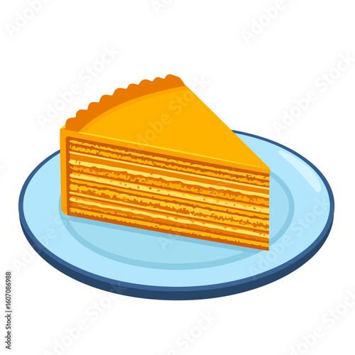 A golden multi-layered honey cake slice with a scalloped crust, served on a simple blue plate.