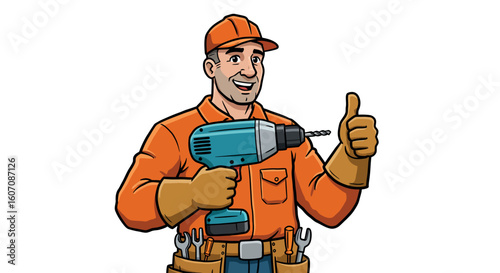 Cheerful handyman holding power drill giving thumbs up in orange workwear