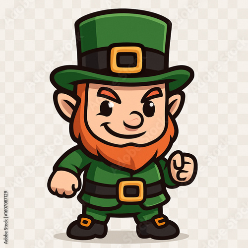 A classic and jovial cartoon illustration of a leprechaun, depicted with a bushy red beard, a green top hat, and a matching green suit. 