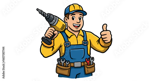 Cartoon handyman with drill giving thumbs up in overalls and cap