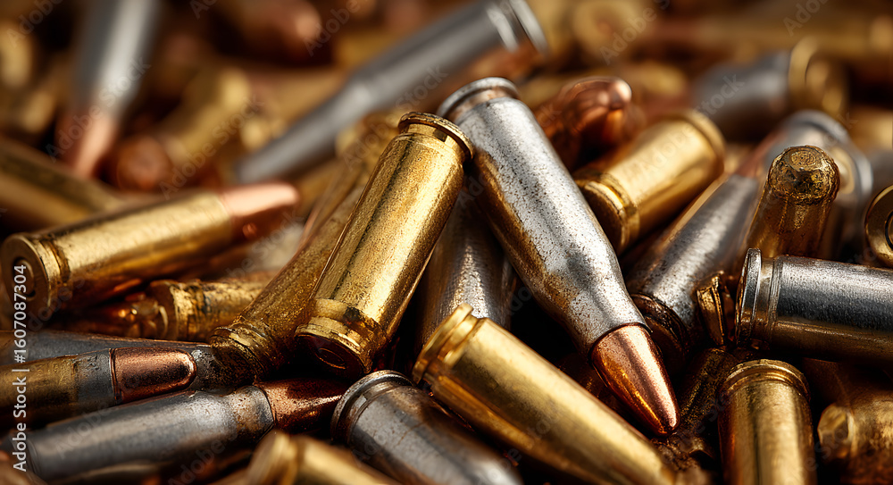 Close up of a large jumbled pile of silver and gold rifle ammunition cartridges Close up of a large jumbled pile of silver and gold rifle ammunition cartridges