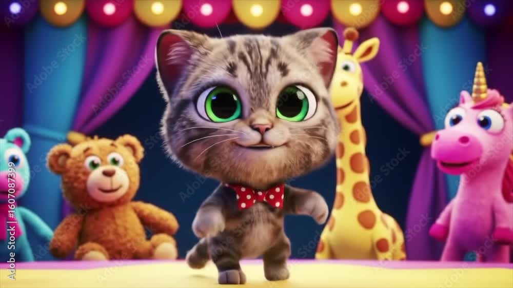 Cartoon cat in bow tie, surrounded by stuffed animals, on a stage-like setting. Cartoon cat in bow tie, surrounded by stuffed animals, on a stage-like setting.