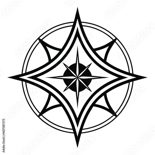 Black compass rose symbol with intricate design navigational symbol