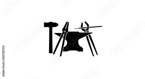 Blacksmith tools silhouette design with hammer, anvil, and tongs