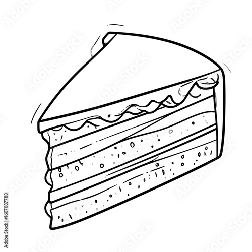 Hand-drawn cartoon illustration of a multi-layered cake slice with spongy texture and creamy frosting.