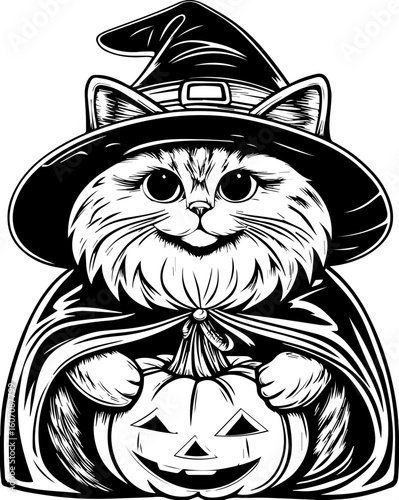 SVG of a Halloween cat with a witch hat and pumpkin designed in a cute tattoo style.Cute Witch Cat with Pumpkin for Halloween Celebration Design