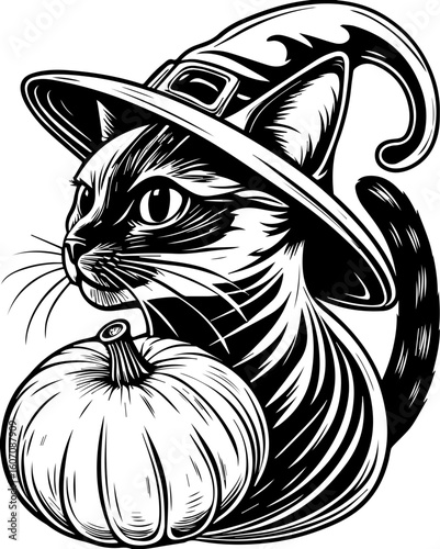 SVG of a Halloween cat with a witch hat and pumpkin designed in a cute tattoo style.Cute Cat Wearing Witch Hat with Pumpkin for Halloween Celebration Art