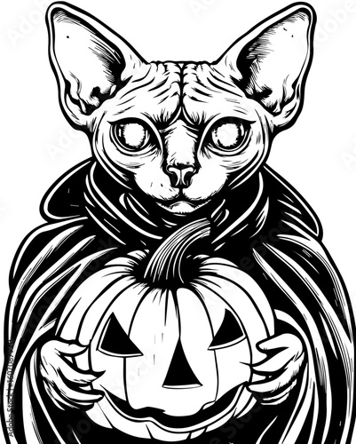 SVG of a Halloween cat with a witch hat and pumpkin designed in a cute tattoo style.Spooky Sphynx Cat in Cloak Holding Halloween Pumpkin Decoration