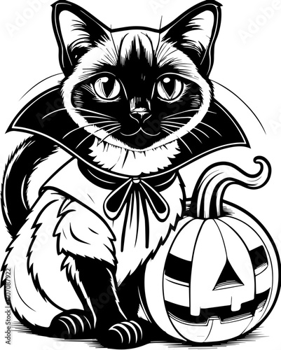 SVG of a Halloween cat with a witch hat and pumpkin designed in a cute tattoo style.Adorable Cat in Halloween Costume with Jack-o'-lantern Decoration