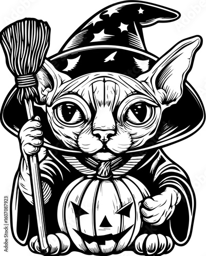 SVG of a Halloween cat with a witch hat and pumpkin designed in a cute tattoo style.Adorable Cat in Wizard Hat with Broom and Pumpkin for Halloween