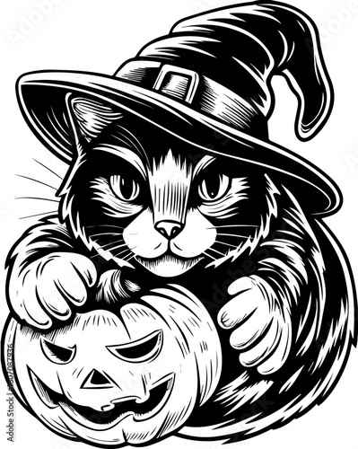 SVG of a Halloween cat with a witch hat and pumpkin designed in a cute tattoo style.Black and White Cat in Witch Hat with Halloween Pumpkin Decoration