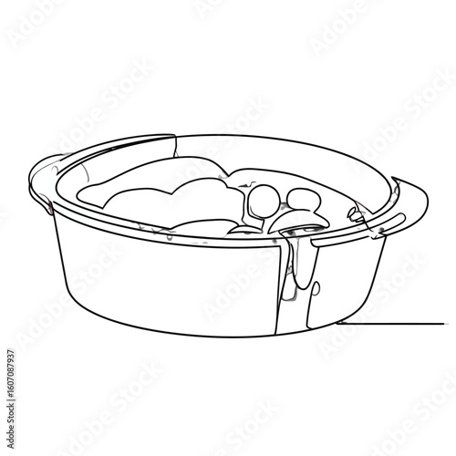 Minimalist line art of a slow cooker pot filled with a hearty stew, with sauce dripping down the side.