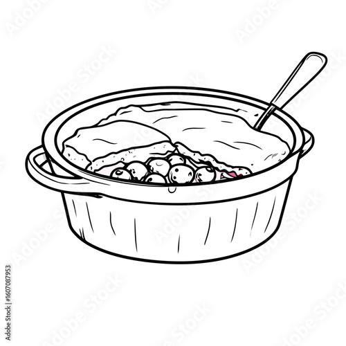 Line art illustration of a berry cobbler in a casserole dish with a broken crust and spoon.