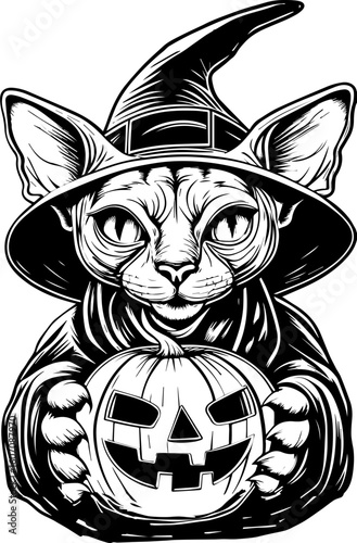 SVG of a Halloween cat with a witch hat and pumpkin designed in a cute tattoo style.Spooky Cat in Witch Hat Holding a Pumpkin for Halloween Celebration