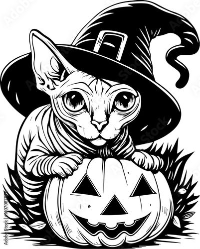SVG of a Halloween cat with a witch hat and pumpkin designed in a cute tattoo style.Cute Cat in Witch Hat with Pumpkin for Halloween Celebration