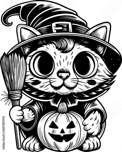 SVG of a Halloween cat with a witch hat and pumpkin designed in a cute tattoo style.Cute Cartoon Cat in Witch Hat with Pumpkin and Broom for Halloween