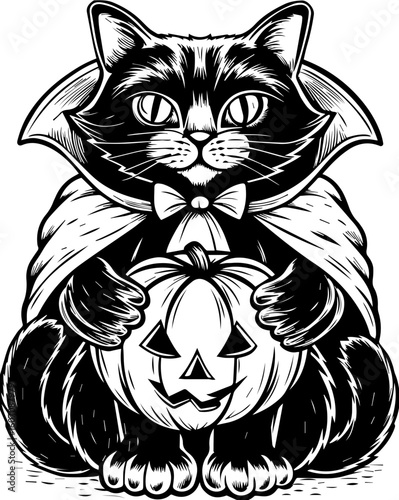 SVG of a Halloween cat with a witch hat and pumpkin designed in a cute tattoo style.Elegant Vampire Cat with Pumpkin, Perfect for Halloween Designs