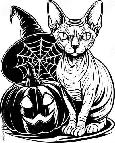 SVG of a Halloween cat with a witch hat and pumpkin designed in a cute tattoo style.Black and White Illustration of Cat and Pumpkin for Halloween Theme