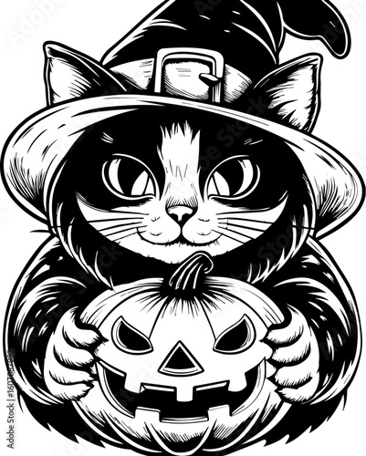 SVG of a Halloween cat with a witch hat and pumpkin designed in a cute tattoo style.Halloween Cat Wearing Witch Hat with Pumpkin Illustration