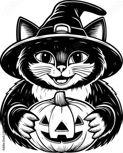 SVG of a Halloween cat with a witch hat and pumpkin designed in a cute tattoo style.Adorable Black Cat in Witch Hat with Halloween Pumpkin Decoration