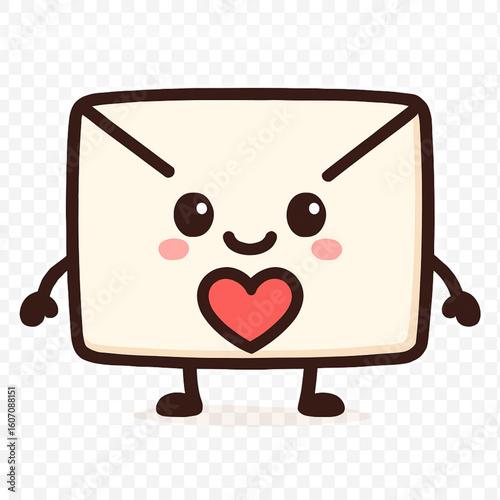 A charming cartoon illustration of a friendly envelope character, featuring a warm smile and a prominent red heart on its front flap. 