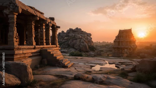 Ancient Stone Temples of Hampi at Sunset, Karnataka, India
