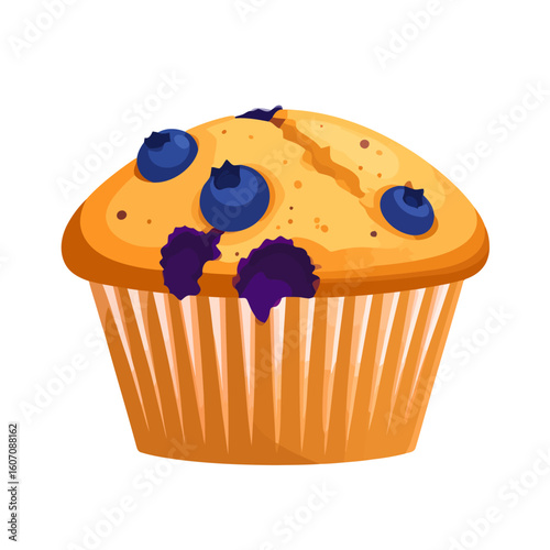 Golden baked blueberry muffin illustration with a cracked top and fresh berries.