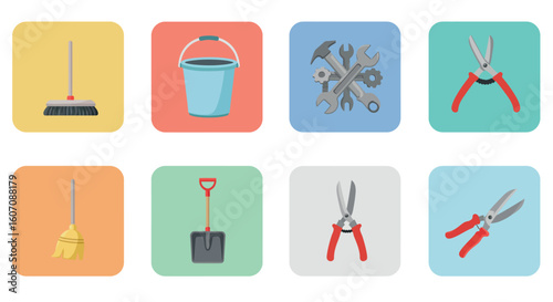Colorful flat icons of gardening and cleaning tools for home maintenance