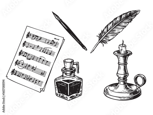 Classic engraving of musical score kit featuring sheet music quill ink bottle and candle stand in retro style