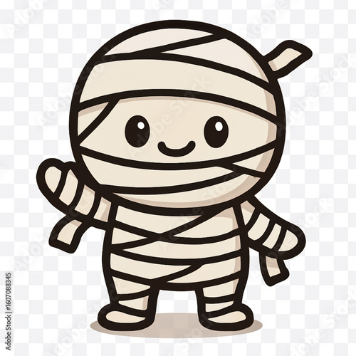 A cute and friendly cartoon illustration of a mummy character, wrapped in white bandages with large, expressive eyes that convey a sense of curiosity or playfulness
