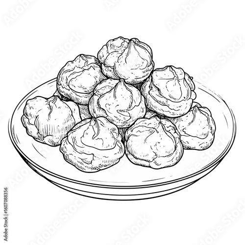 A detailed black and white sketch of swirled meringue cookies piled on a plate.