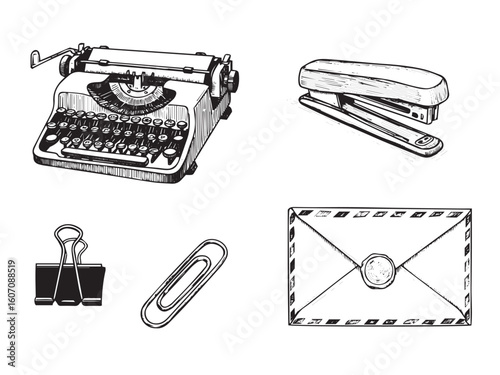 Engraved office essential tools set including typewriter stapler paper clip and envelope in vintage hand-drawn style