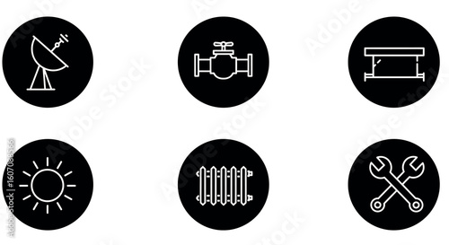 Round icons featuring plumbing tools and utilities in minimalist white outline design