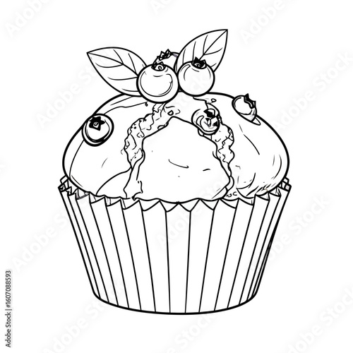 Hand-drawn blueberry muffin sketch with creamy topping, fresh berries, and leaves in a pleated paper liner.