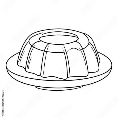 Simple line art of a molded gelatin dessert, a wobbly fluted pudding on a round serving plate.