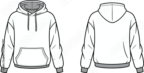 Men’s short sleeve crew neck t-shirt front and back view flat sketch, basic tee vector fashion CAD template design