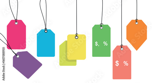 Colorful price tags hanging on strings with discount symbols
