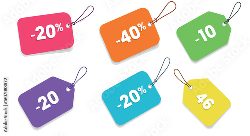 Colorful discount tags with strings on white background for shopping deals