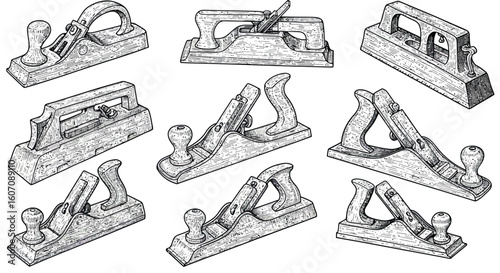 Detailed collection of vintage woodworking hand planes in sketch style