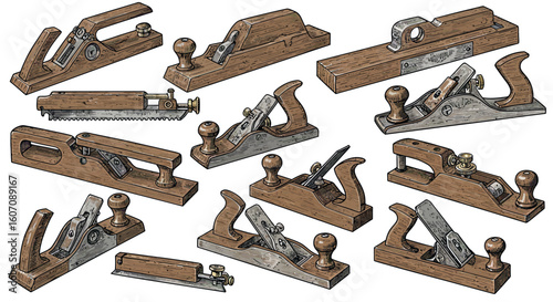 Vintage hand tools set with antique woodworking planes in detailed retro style
