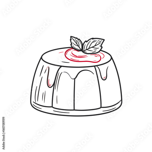 Hand-drawn pudding dessert sketch with red sauce and mint leaf garnish. Minimalist line art illustration of a sweet treat.