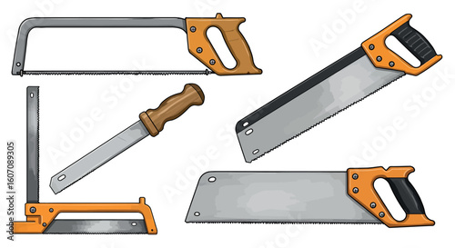 Collection of hand saws with wooden handles in cartoon style