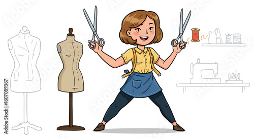 Cartoon tailor character with scissors in sewing studio setting