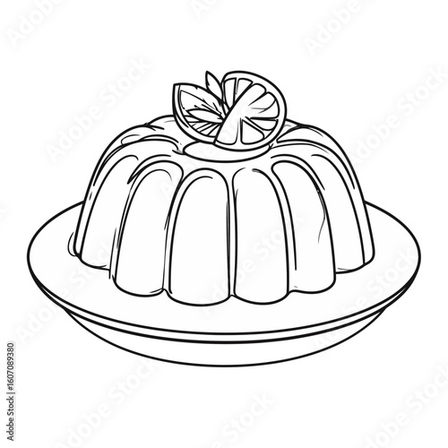 Classic fluted gelatin dessert with a lemon and mint garnish, line art illustration.