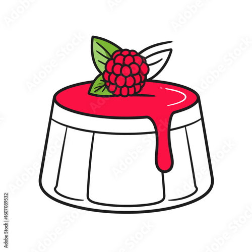 Panna cotta illustration with dripping red raspberry sauce and a fresh mint leaf garnish.