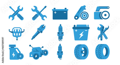 Blue automotive icons collection featuring tools and batteries