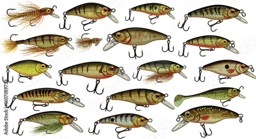 Colorful fishing lures collection with hooks and feathers for freshwater fishing enthusiasts