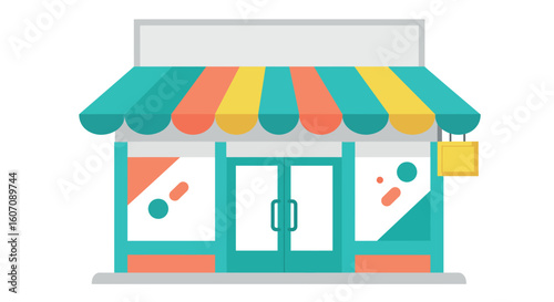 Colorful flat design storefront with striped awning and glass doors