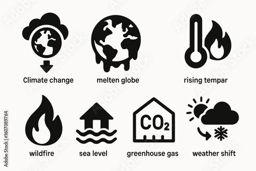 Climate change icons: melting globe, rising temperature, wildfire, sea level, greenhouse gas, weather shift
