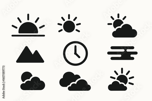 Weather and time icons set featuring sun, clouds, mountains, fog, and clock symbols